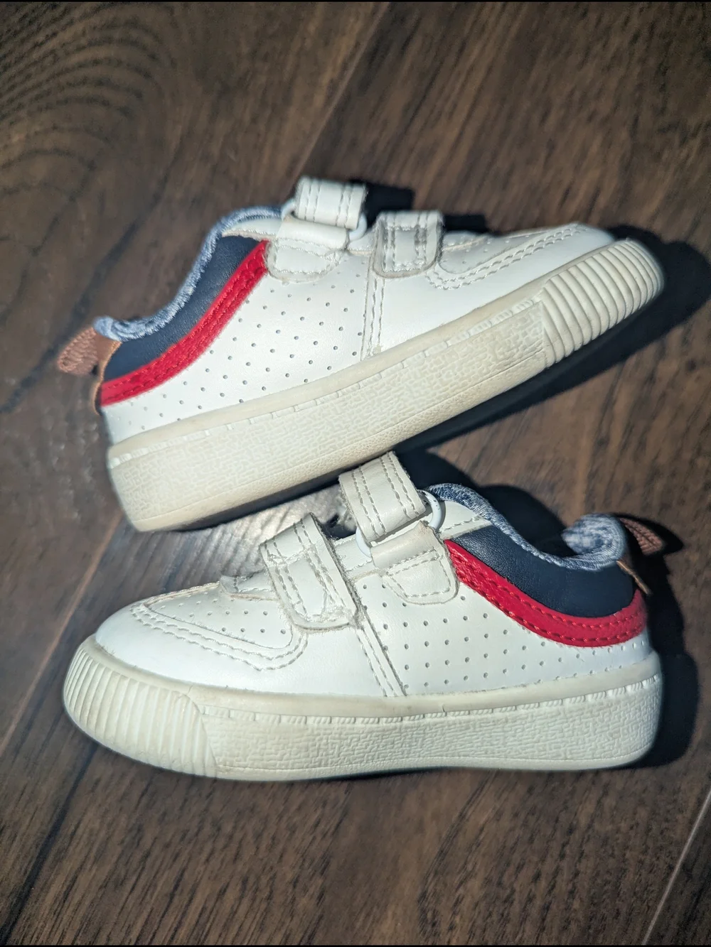 Carter's White Toddler Velcro Sneakers with Navy and Red Accents